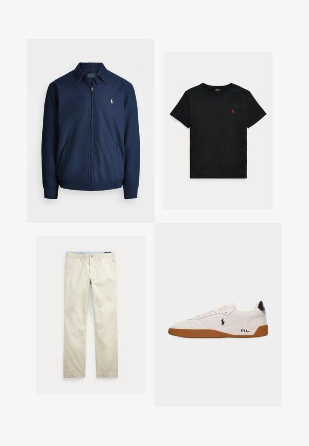 Marineblå lynlåsjakke med krave, forlommer, elastiske manchetter og et lille broderet logo på brystet. Glat stoftekstur.; Sort V-hals T-shirt med korte ærmer og lille rødt Polo Ralph Lauren-logo broderet på venstre bryst.; Beige bomuld straight-leg bukser med bæltestropper, forreste knap, lynlås og sidelommer.; Hvid lav sneakers med brun gummisål, sort Polo Ralph Lauren-logo på siden og "RL" tekst på hælområdet.