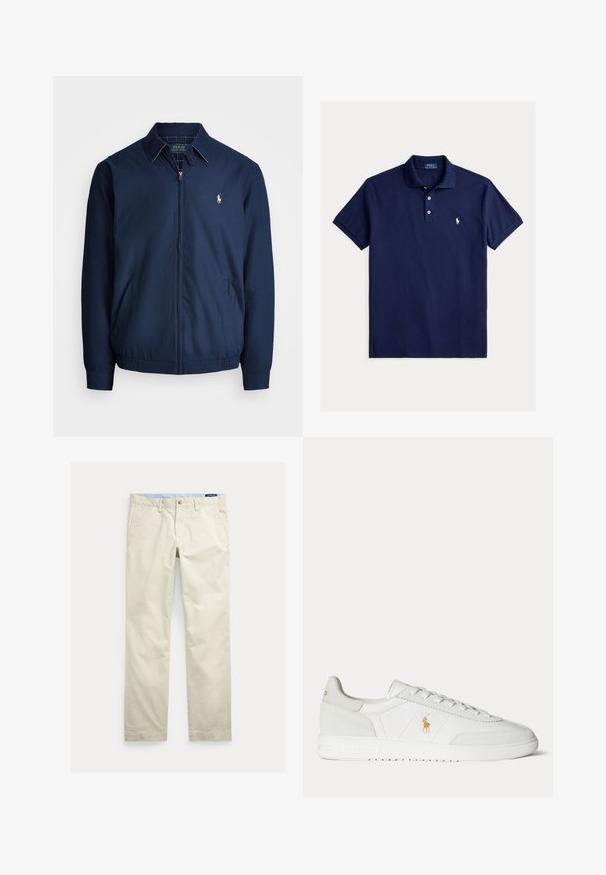 Marineblaue Zip-Jacke mit Kragen, Fronttaschen, elastischen Bündchen und einem kleinen gestickten Logo auf der Brust. Glatte Stofftextur.; Marineblaues Poloshirt mit kurzen Ärmeln, zwei Knöpfen und weiß gesticktem Ralph Lauren Logo auf der linken Brust.; Beige Baumwollhosen mit geradem Bein, Gürtelschlaufen, vorderem Knopf, Reißverschluss und Seitentaschen.; Weißer Sneaker in niedriger Ausführung mit Schnürdesign, goldenem Polo Ralph Lauren Logo an der Seite und strukturierter Sohle auf einfarbigem Hintergrund.