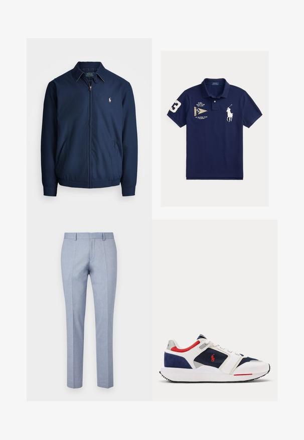 Marine blauwe ritsjack met een kraag, voorzakken, elastische manchetten en een klein geborduurd logo op de borst. Glad stoftextuur.; Marineblauw poloshirt met wit geborduurd polospelerlogo, yachtclub tekst, nautische vlag patch en nummer 3 op de rechtermouw.; Lichtblauwe op maat gemaakte broek met een gladde stofstructuur, voorzien van een rechte voorkant, twee zijzakken en een slim fit ontwerp.; Witte, marineblauwe en rode sportschoen met mesh- en suèdepanelen, vetersluiting en een rood geborduurd logo aan de zijkant.