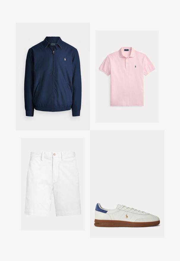 Veste zippée navy avec col, poches avant, poignets élastiques, et un petit logo brodé sur la poitrine. Texture de tissu lisse.; Polo rose clair à manches courtes avec deux boutons et petit logo brodé en forme de cheval bleu marine sur le côté gauche de la poitrine.; Short blanc jusqu'aux genoux avec passants de ceinture et fermeture par un bouton marron à la taille, présenté sur un fond uni.; Baskets basses blanches avec semelle marron, languette de talon bleue, lacets et logo Polo Ralph Lauren doré sur le côté.