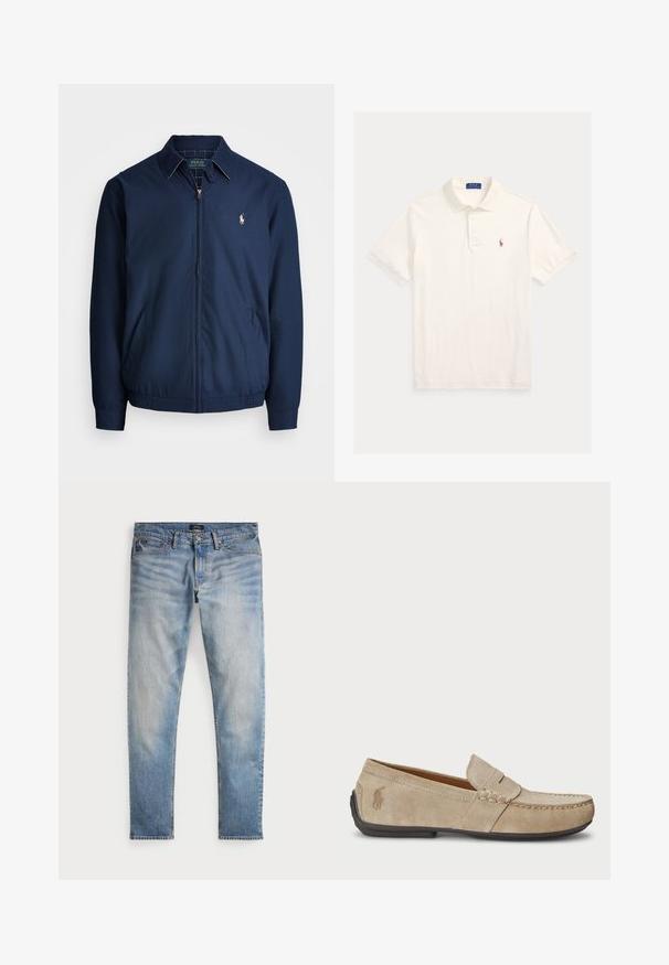 Marineblå lynlåsjakke med krave, forlommer, elastiske manchetter og et lille broderet logo på brystet. Glat stoftekstur.; Hvid polo-shirt med korte ærmer, krave, tre-knaps lukning og lille broderet logo på venstre bryst.; Lys blå denimjeans med en falmet finish, fem-lomme design og kontraststing. Har lynlås og bæltesløjfer. Lige pasform.; Beige ruskindsloafers med syninger, flad gummisål og et lille logo på siden. Klassisk slip-on design, blød tekstur.