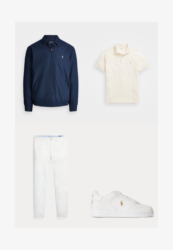 Marine blauwe ritsjack met een kraag, voorzakken, elastische manchetten en een klein geborduurd logo op de borst. Glad stoftextuur.; Korte mouwen polo shirt in off-white katoen, voorzien van een klassieke kraag, drie knoopsluitingen en een subtiel geborduurd logo op de borst.; Witte katoenen chino's met een slim fit, voorzien van een enkele gouden knoopsluiting en een lichtblauwe binnenband. Gladde textuur zonder patronen.; Witte lage leren sneaker met witte veters en een gouden Polo Ralph Lauren-logo aan de zijkant en "Polo" in de zool gegraveerd.