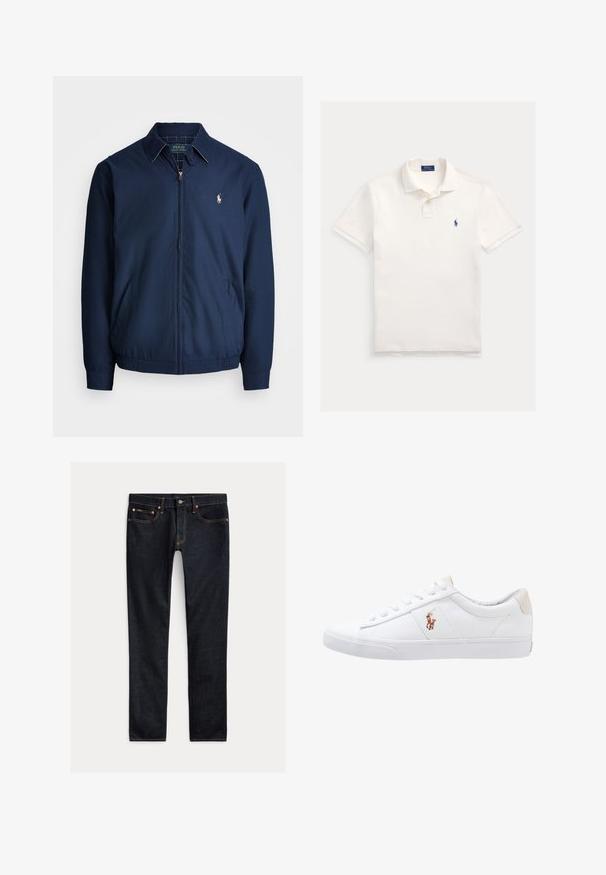 Veste zippée navy avec col, poches avant, poignets élastiques, et un petit logo brodé sur la poitrine. Texture de tissu lisse.; Polo blanc à manches courtes avec col et deux boutons, présentant un petit logo Ralph Lauren bleu marine sur la poitrine gauche.; Jean slim bleu foncé avec cinq poches, fermeture à boutons et coutures contrastées, posé à plat sur un fond clair.; Baskets en toile blanches avec un design basse, présentant un onglet de talon beige et un petit logo brodé sur le côté. Semelle en caoutchouc.