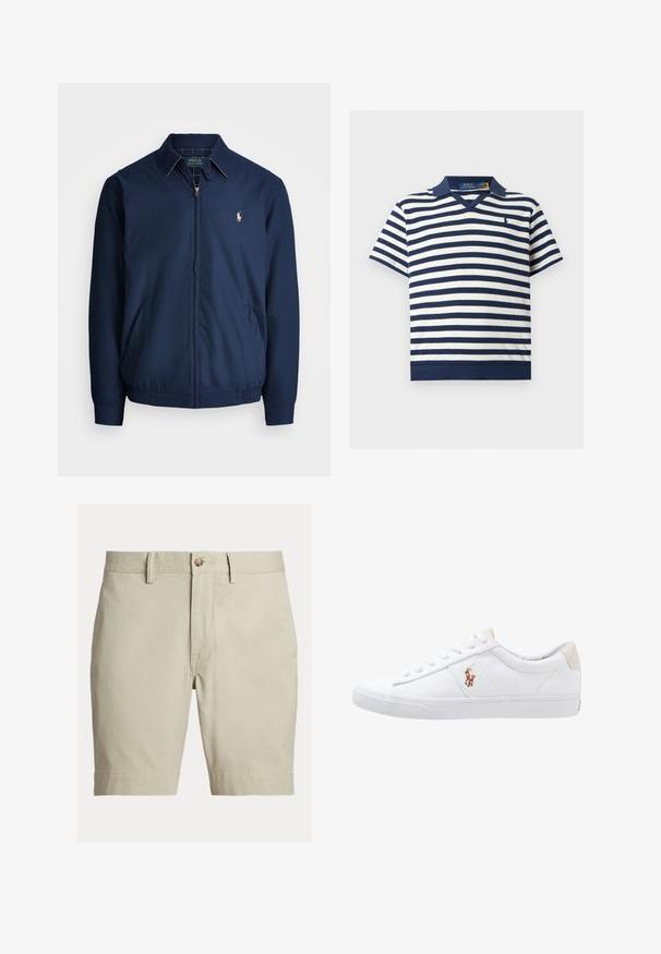Marineblaue Zip-Jacke mit Kragen, Fronttaschen, elastischen Bündchen und einem kleinen gestickten Logo auf der Brust. Glatte Stofftextur.; Kurzärmeliges Poloshirt in Marineblau und Weiß mit horizontalen Streifen, mit Kragen und kleinem gesticktem Logo auf der linken Brust.; Beige knielange Shorts mit Gürtelschlaufen, Knopfverschluss und Reißverschluss, vor weißem Hintergrund dargestellt.; Weiße Leinensneaker im Low-Top-Design mit einem beigen Ferseneinsatz und einem kleinen gestickten Logo an der Seite. Gummisohle.