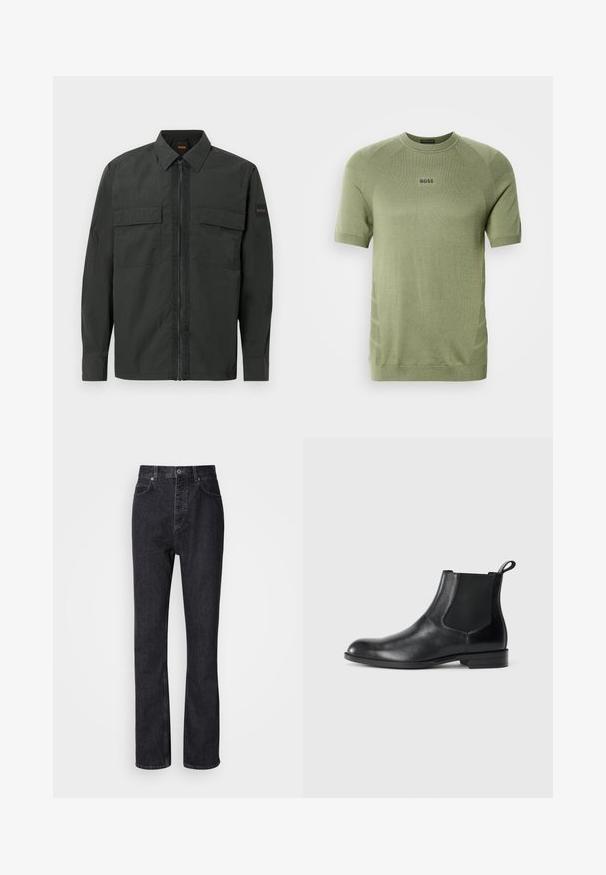 Veste légère noire avec une fermeture éclair frontale, deux poches poitrine et un logo discret sur la manche. Dotée d'un col structuré et de manches longues.; Chemise en maille vert olive à manches courtes avec col ras du cou et logo "BOSS" centré sur la poitrine.; Jean en denim noir taille haute avec fermeture à bouton et à glissière, poches avant et arrière, et coupe droite.; Bottine en cuir noir avec des panneaux latéraux élastiques, bout rond et tirette. Texture lisse, semelle plate, design minimaliste.