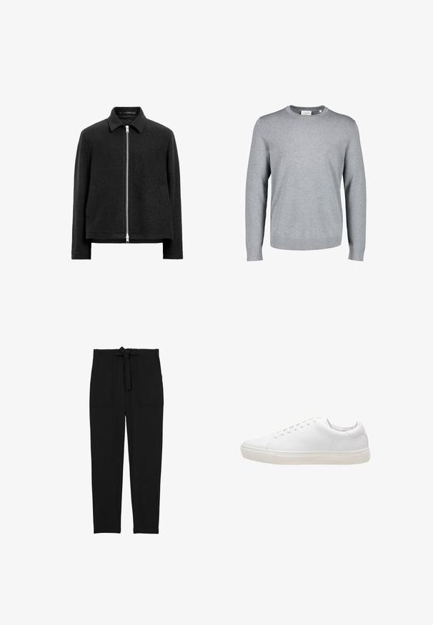 Schwarze Wollmischung-Jacke mit Reißverschluss, spitzem Kragen, zwei Seitentaschen und einer strukturierten, leicht kastigen Silhouette.; Hellgrauer Pullover mit langen Ärmeln und Rundhalsausschnitt, mit gerippten Bündchen und Saum, auf weißem Hintergrund dargestellt.; Reiss REGULAR FIT - SET BELTED TECHNICAL - Stoffhose - black; Weiße Leder-Sneaker mit glatter Textur, runder Zehenpartie, Schnürverschluss und flacher Gummisohle. Minimalistisches Design ohne sichtbare Muster.