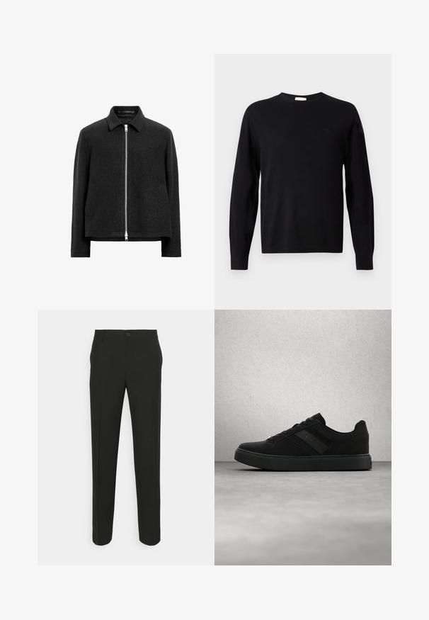 Schwarze Wollmischung-Jacke mit Reißverschluss, spitzem Kragen, zwei Seitentaschen und einer strukturierten, leicht kastigen Silhouette.; Schwarzer, langärmeliger Rundhals-Pullover mit dezentem "cK"-Logo auf der linken Brust, gerippte Bündchen und Saum, auf weißem Hintergrund präsentiert.; Schwarze, maßgeschneiderte Hose mit geradem Schnitt, ausgestattet mit einem einzelnen Knopfverschluss und Gürtelschlaufen. Glattes, mattes Material ohne Muster.; Schwarzer Freizeit-Sneaker mit Schnürsenkeln, strukturierten Seitenpaneelen und einer niedrigen Plateau-Sohle, der über einem reflektierenden Boden schwebt.