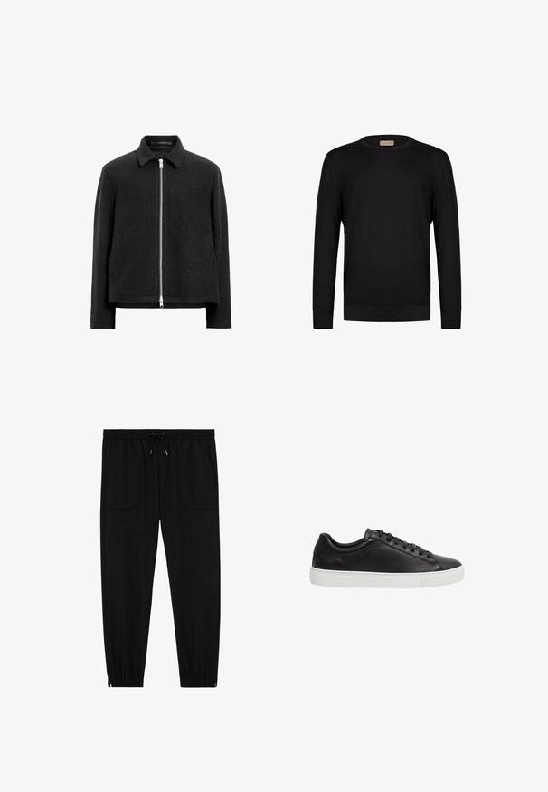 Schwarze Wollmischung-Jacke mit Reißverschluss, spitzem Kragen, zwei Seitentaschen und einer strukturierten, leicht kastigen Silhouette.; Schwarzer Pullover mit langen Ärmeln und Rundhalsausschnitt, mit gerippten Bündchen und Saum, vor weißem Hintergrund dargestellt.; Schwarze Jogginghosen mit elastischem Bund, Kordelzug, vorderen aufgesetzten Taschen und elastischen Bündchen vor weißem Hintergrund.; Schwarzer flacher Ledersneaker mit schwarzen Schnürsenkeln und weißer Gummisohle, von der Seite auf weißem Hintergrund gesehen.