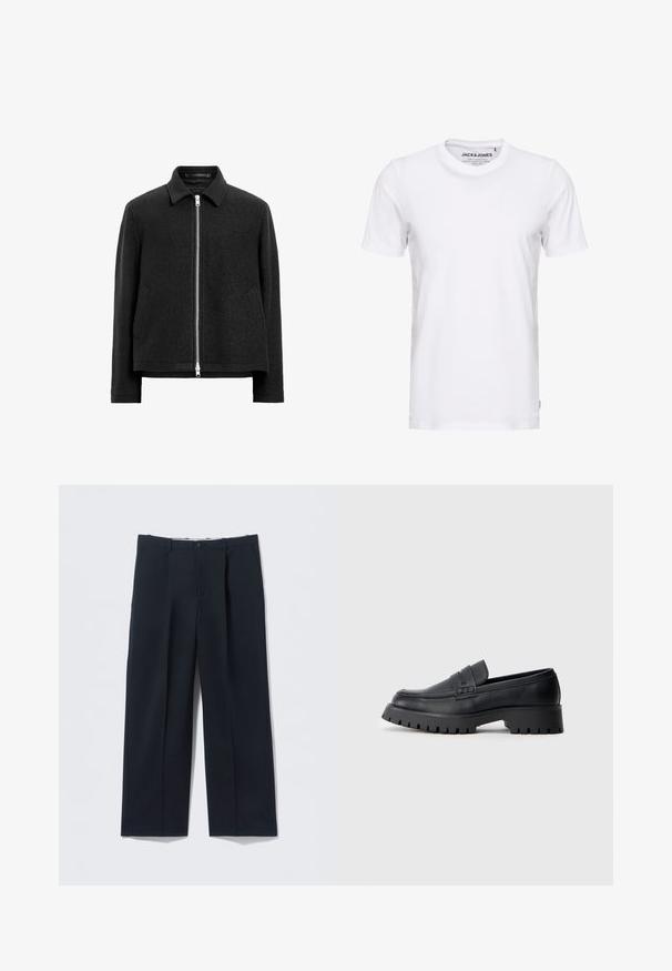 Schwarze Wollmischung-Jacke mit Reißverschluss, spitzem Kragen, zwei Seitentaschen und einer strukturierten, leicht kastigen Silhouette.; Weißes T-Shirt mit kurzen Ärmeln aus Baumwolle, mit Rundhalsausschnitt und einem schlichten Design. Markentag im Nackenbereich sichtbar. Keine Muster oder Verzierungen.; Dunkelblaue Hose aus glattem Stoff, mit tailliertem Schnitt, zwei Vordertaschen und Knopfverschluss.; Schwarze Leder-Loafer mit abgerundeter Schuhspitze, ausgestattet mit einem dekorativen Riemen und einer robusten Gummisohle mit tiefem Profil für besseren Halt.