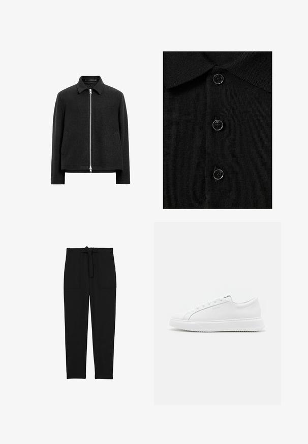 Chaqueta negra de mezcla de lana con cierre de cremallera en la parte delantera, cuello puntiagudo, dos bolsillos laterales y una silueta estructurada y ligeramente rectangular.; Polo de punto negro con cuello y tres botones redondos, confeccionado en una tela lisa y texturizada. Diseño elegante y minimalista.; Reiss REGULAR FIT - SET BELTED TECHNICAL - Pantalones - black; Zapatillas blancas hechas de material sintético suave. Presentan un diseño de caña baja, suela blanca elevada, punta redondeada y cordones en la parte frontal con cinco ojetes.