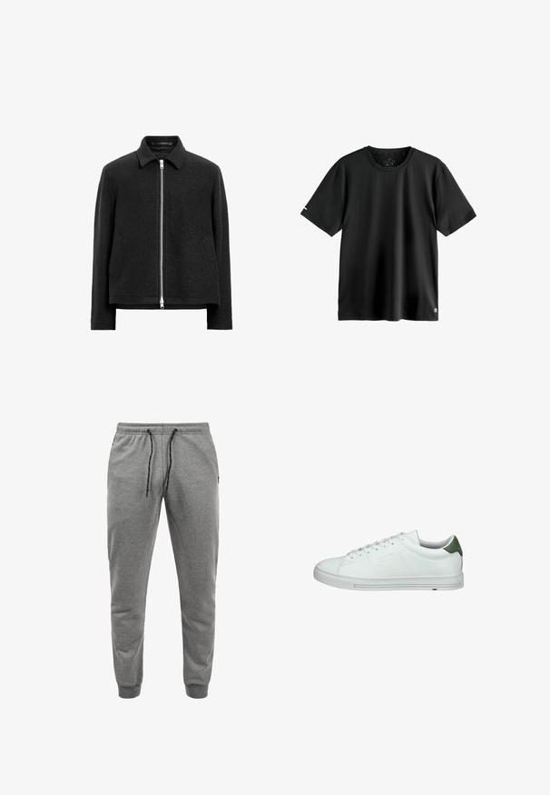 Schwarze Wollmischung-Jacke mit Reißverschluss, spitzem Kragen, zwei Seitentaschen und einer strukturierten, leicht kastigen Silhouette.; Schwarzes kurzärmliges T-Shirt aus leichtem Stoff mit Rundhalsausschnitt, das ein kleines Logo am Saum trägt. Glatte Textur.; Graue Sweatpants aus weichem Material, mit einem elastischen Bund und einer schwarzen Kordel, schmal zulaufendem Bein und Seitentaschen.; Weißer Sneaker mit Obermaterial aus glattem Leder, grünem Wildleder-Hinterteil, flachen Schnürsenkeln und strukturiertem Gummisohle. Die Seite zeigt ein minimalistisches Branding.
