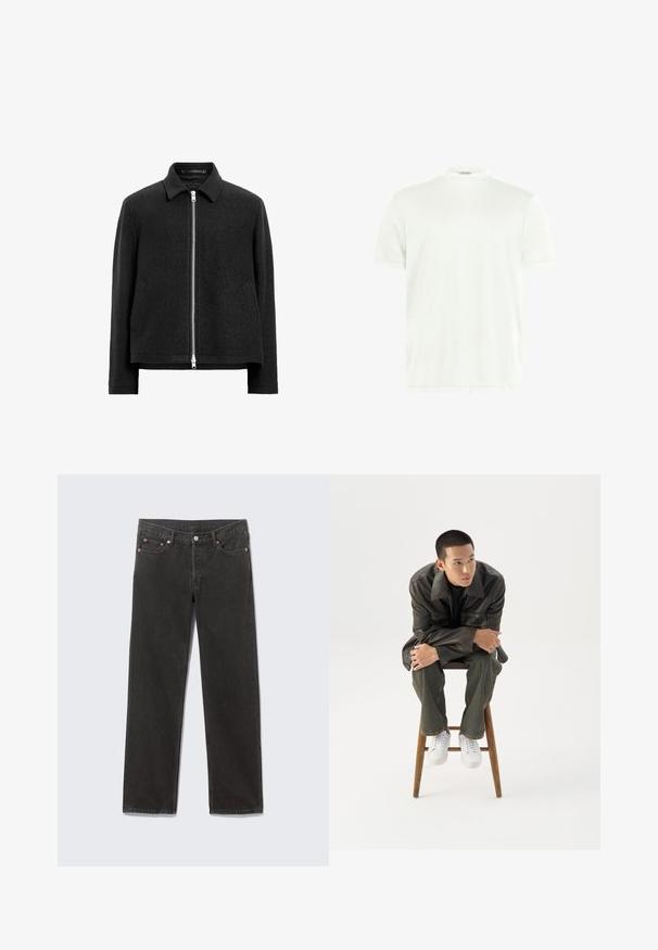 Schwarze Wollmischung-Jacke mit Reißverschluss, spitzem Kragen, zwei Seitentaschen und einer strukturierten, leicht kastigen Silhouette.; Weißes T-Shirt mit Rundhalsausschnitt aus weichem Stoff. Kurze Ärmel, keine Muster. Schlichtes Design mit geradem Saum und minimalen Details.; Schwarze Denim-Jeans mit geradem Bein, vorderen Taschen, Gürtelschlaufen und Knopfverschluss, flach auf einem grauen Hintergrund liegend.; Junger Mann in dunkler Lederjacke und Jeans sitzt auf einem Holzstuhl, lehnt sich mit verschränkten Armen nach vorne und schaut seitlich vor weißem Hintergrund.