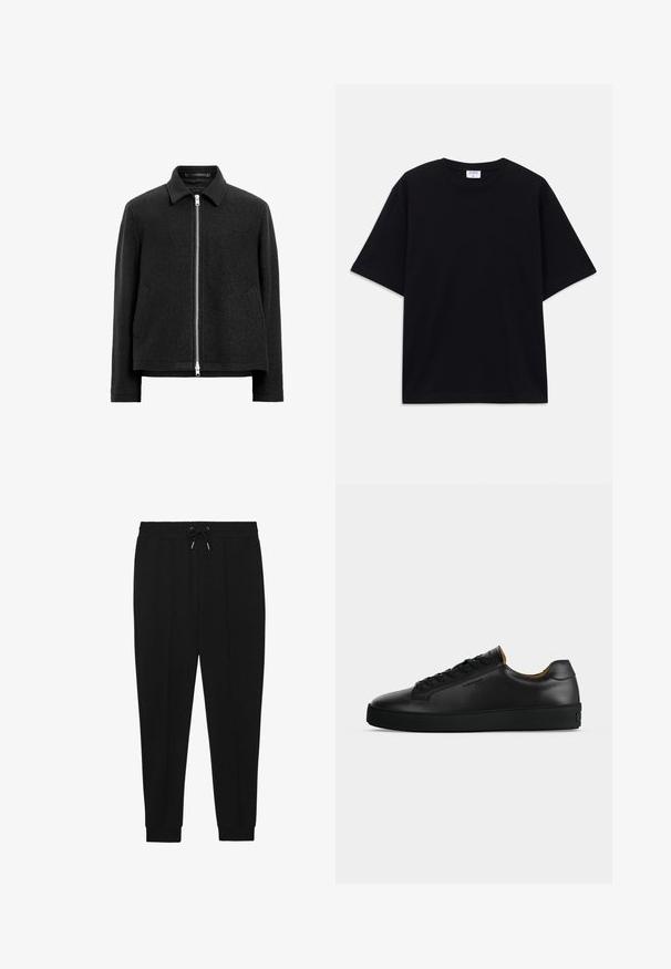 Schwarze Wollmischung-Jacke mit Reißverschluss, spitzem Kragen, zwei Seitentaschen und einer strukturierten, leicht kastigen Silhouette.; Schwarzes, oversized T-Shirt mit kurzen Ärmeln und rundem Ausschnitt, mit sichtbarem Filippa K Markenlabel im Kragen.; Schwarze Sporthosen mit Kordelzugbund, schmal zulaufenden Beinen und gerippten Bündchen. Hergestellt aus einem weichen Stoff mit glatter Textur.; Schwarzer flacher Ledersneaker mit schwarzen Schnürsenkeln, strukturierter Gummisohle und kleinem eingeprägtem Logo an der Seite, im Profil vor grauem Hintergrund gezeigt.