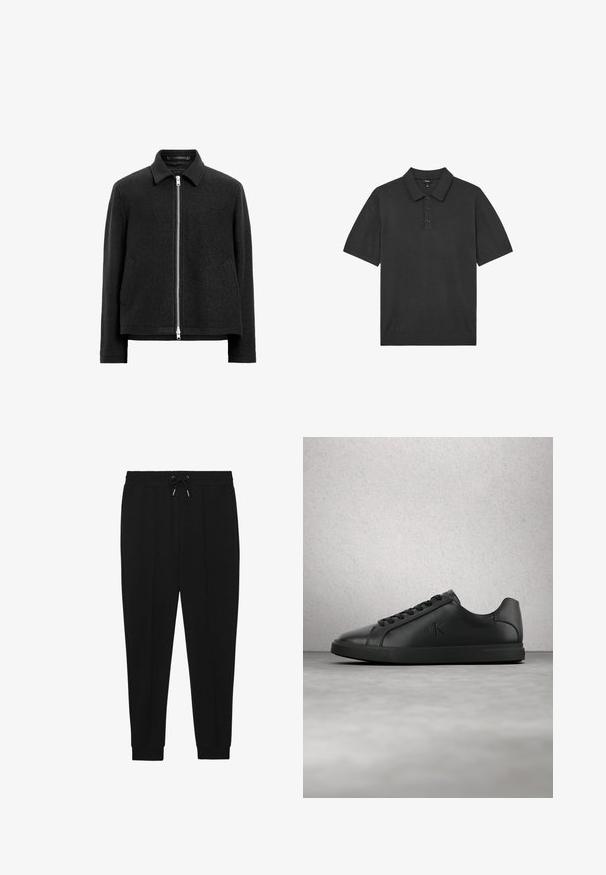 Schwarze Wollmischung-Jacke mit Reißverschluss, spitzem Kragen, zwei Seitentaschen und einer strukturierten, leicht kastigen Silhouette.; Schwarzes Poloshirt mit kurzen Ärmeln, einer Dreiknopfleiste und Strickkragen, flach auf weißem Hintergrund dargestellt.; Schwarze Sporthosen mit Kordelzugbund, schmal zulaufenden Beinen und gerippten Bündchen. Hergestellt aus einem weichen Stoff mit glatter Textur.; Schwarzer Ledersneaker mit Schnürsenkeln und geprägt eingestelltem "ck"-Logo, der über einem grauen Boden nahe einer Glasblockwand schwebt.