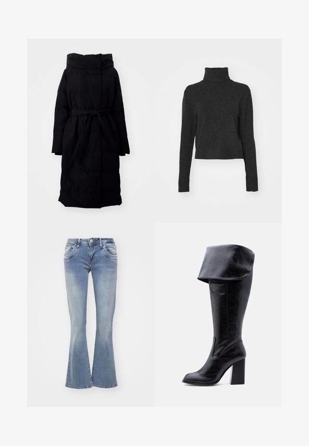 Manteau doudoune noir avec capuche, ceinture à la taille, manches longues et design matelassé rectangulaire. Texture lisse et longueur au niveau des genoux.; Pull ras du cou noir à manches longues, en tissu doux et texturé, avec des accents côtelés au col et à l'ourlet.; Jean évasé bleu en denim, avec un délavage clair, cinq poches et une fermeture à bouton. Les jambes sont larges au niveau de l'ourlet.; Botte haute en cuir noir avec talon, bord plié et bout arrondi, debout sur un fond blanc.
