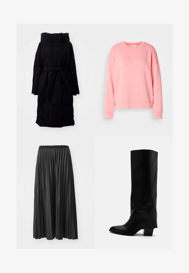 Manteau doudoune noir avec capuche, ceinture à la taille, manches longues et design matelassé rectangulaire. Texture lisse et longueur au niveau des genoux.; Sweat-shirt rose avec un col rond, un design à épaules dénudées, des poignets et un ourlet côtelés. Texture de tissu lisse avec une coupe décontractée.; Jupe maxi plissée noire avec une texture lisse et une taille élastique, dotée de plis verticaux qui créent du volume et du mouvement.; Botte haute en cuir noir avec couture inclinée, bout pointu et talon épais de taille moyenne sur fond blanc.