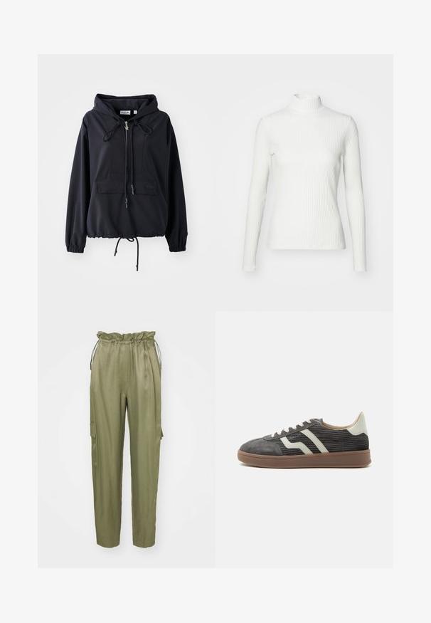Sort letvægts hættejakke med en frontlomme, justerbare snore i hætten og forneden, samt elastiske ærmer. Har Lacoste branding.; Hvid ribbet turtleneck blouse med lange ærmer, lavet af elastisk stof. Har et tætsiddende design og høj hals for god dækning.; Oliven grønne cargo bukser med elastisk talje og snøre, tætsiddende ben og en sidelomme. Glat stof med en mat overflade.; Grå corduroy lav-sneaker med hvide sidestriber, beige hælflap, hvide snørebånd og brun gummisål.