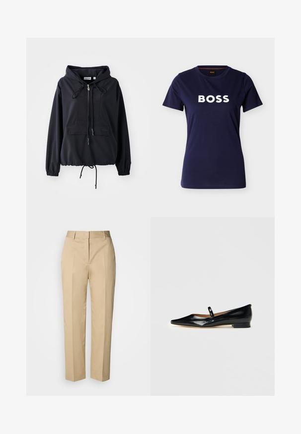Čierna ľahká mikina s kapucňou, predným vreckom, nastaviteľnými šnúrkami na kapucni a leme a elastickými manžetami. Obsahuje branding Lacoste.; Tmavomodré tričko s krátkym rukávom a okrúhlym výstrihom, s výrazným bielym nápisom "BOSS" umiestneným v strede na prednej strane.; Béžové nohavice s rovnými nohavicami, pútkami na opasok, predným záhybom a skrytým zapínaním, zobrazené na svetlom pozadí.; Čierne lakované kožené baleríny Mary Jane s špicatou špičkou, jedným pásikom a nízkym podpätkom na jednoduchom pozadí.