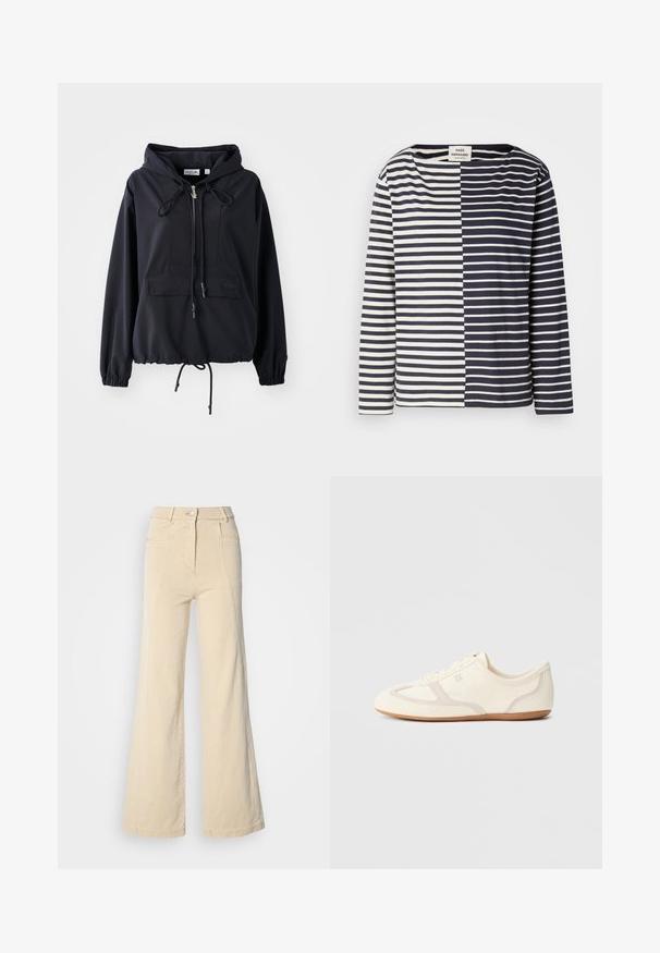 Sort letvægts hættejakke med en frontlomme, justerbare snore i hætten og forneden, samt elastiske ærmer. Har Lacoste branding.; Stribet langærmet top med et navy og hvidt farveskema, lavet af blødt stof med en boxy pasform og en bred halsudskæring.; Beige vidde jeans med høj talje, forlommer og kontrasterende syninger, udstyret med en knaplukning og en glat bomuldsstruktur.; Sneakers i cremefarve med overdel i ruskind og stof, rundet tå og gummisål med beige detaljer. Snørelukning.