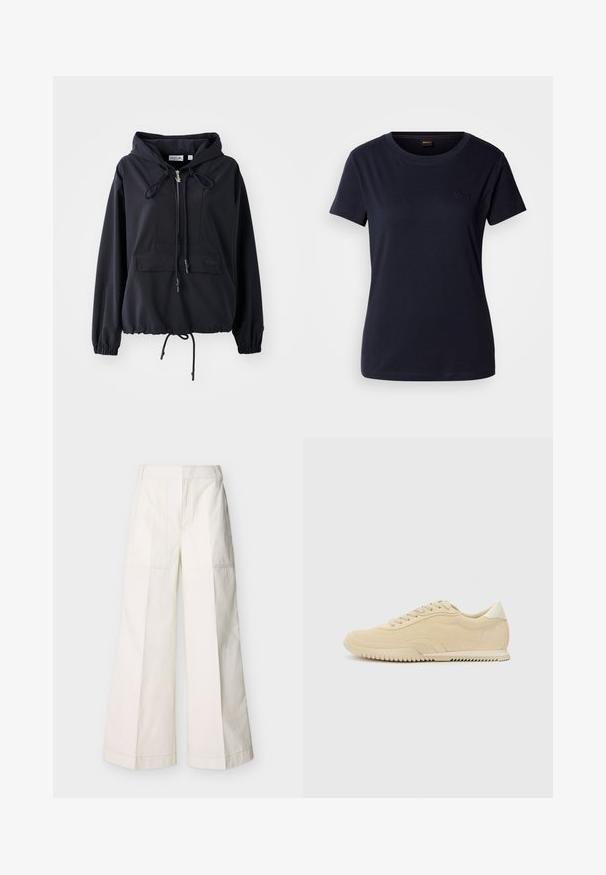 Schwarze leichte Kapuzenjacke mit einer vorderen Taschen, verstellbaren Kordeln an der Kapuze und am Saum sowie elastischen Bündchen. Mit Lacoste-Logo.; Marineblaues Kurzarm-T-Shirt aus Baumwolle mit Rundhalsausschnitt und einem kleinen gestickten Logo auf der Brust. Glatte Textur.; Weite Hosen aus weißer Baumwolle mit Vordertaschen und detaillierten Nähten. Glatte Textur mit einem klaren, minimalistischen Design.; Beige Wildleder Sneaker mit Schnürdesign, strukturiertem Obermaterial, kontrastierender Gummisohle und einem leichten Absatz. Minimalistischer Stil mit dezentem Branding.