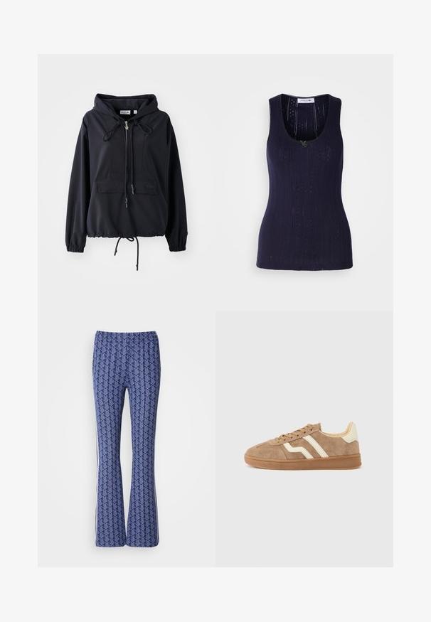 Sort letvægts hættejakke med en frontlomme, justerbare snore i hætten og forneden, samt elastiske ærmer. Har Lacoste branding.; Mørkeblå tanktop med ribbet tekstur, der har perforerede detaljer og en rund skæring ved halsen. Afsluttet med en lille grøn accentdetalje.; Blå mønstrede bukser med udvidet ben, der har et geometrisk design, elastisk talje og hvide striber på siderne. Glat tekstur hele vejen igennem.; Brun ruskindsneaker med hvide accentstriber, rund tå, beige inderside og gummiydersål. Snørebånd med tekstureret overflade.