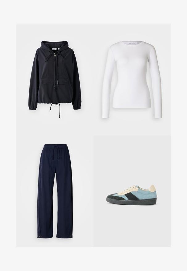 Sort letvægts hættejakke med en frontlomme, justerbare snore i hætten og forneden, samt elastiske ærmer. Har Lacoste branding.; Hvid langærmet skjorte lavet af ribbet stof, med runde udskæring og tætsiddende pasform. Ingen mønstre eller accenter er til stede.; Mørkeblå, brede bukser lavet af et blødt materiale. Har en elastisk talje med snor og metalaccent ved kanten.; Lavtop sneakers i lyseblå, mørkegrøn og beige ruskind med sort sål og beige snørebånd, vist fra ydersiden.