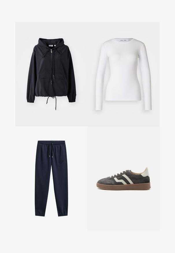 Schwarze leichte Kapuzenjacke mit einer vorderen Taschen, verstellbaren Kordeln an der Kapuze und am Saum sowie elastischen Bündchen. Mit Lacoste-Logo.; Weißes Langarmhemd aus geripptem Stoff mit Rundhalsausschnitt und taillierter Form. Keine Muster oder Akzente sind vorhanden.; Marineblaue Sweatpants mit elastischem Bund, Kordelzug, Seitentaschen, konisch zulaufenden Hosenbeinen und dezent besticktem Logo am rechten Oberschenkel.; Grauer Corduroy-Low-Top-Sneaker mit weißen Seitenstreifen, beigem Fersenlasche, weißen Schnürsenkeln und brauner Gummisohle.