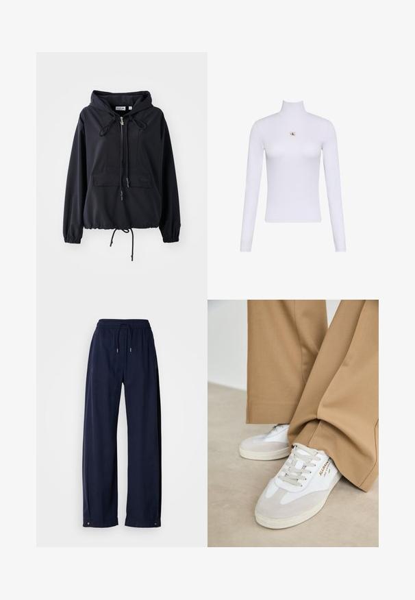Čierna ľahká mikina s kapucňou, predným vreckom, nastaviteľnými šnúrkami na kapucni a leme a elastickými manžetami. Obsahuje branding Lacoste.; Biely dlhý rukáv s rolákom a malou nášivkou loga Calvin Klein umiestnenou v strede na hrudi.; Námorníckomodré široké nohavice vyrobené z mäkkého materiálu. Obsahujú elastický pás s šnúrkou a kovové doplnky na leme.; Biele tenisky s semišovými akcentmi, textúrovanými šnúrkami a gumovou podrážkou. V páre s voľnými béžovými nohavicami. Logo zobrazené na boku.