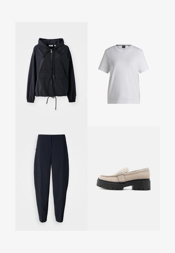 Schwarze leichte Kapuzenjacke mit einer vorderen Taschen, verstellbaren Kordeln an der Kapuze und am Saum sowie elastischen Bündchen. Mit Lacoste-Logo.; Weißes Baumwoll-T-Shirt mit rundem Halsausschnitt, kurzen Ärmeln und bequemer Passform. Mit einem kleinen Markenschild nahe dem Kragen.; Marineblaue, schmal zulaufende Hose mit mittelhohem Bund und seitlichen Taschen, mit dezenten Nahtdetails entlang der Beine.; Beiger Wildleder-Slipper mit silberner Schnalle und dicker schwarzer Profilsohle, Seitenansicht vor weißem Hintergrund.