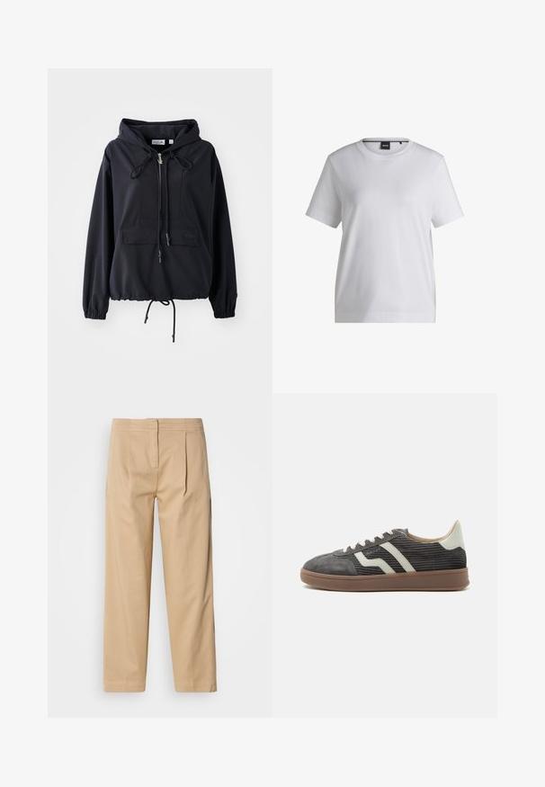 Sudadera ligera negra con un bolsillo frontal tipo canguro, cordones ajustables en la capucha y el dobladillo, y puños elásticos. Presenta el logo de Lacoste.; Camiseta de algodón blanca con cuello redondo, mangas cortas y un corte relajado. Presenta una pequeña etiqueta de la marca cerca del cuello.; Pantalones de algodón beige con un corte relajado, que cuentan con dos pliegues frontales, pierna recta y un cierre clásico de botón en la cintura.; Zapatilla baja de pana gris con rayas laterales blancas, lengüeta beige en el talón, cordones blancos y suela de goma marrón.