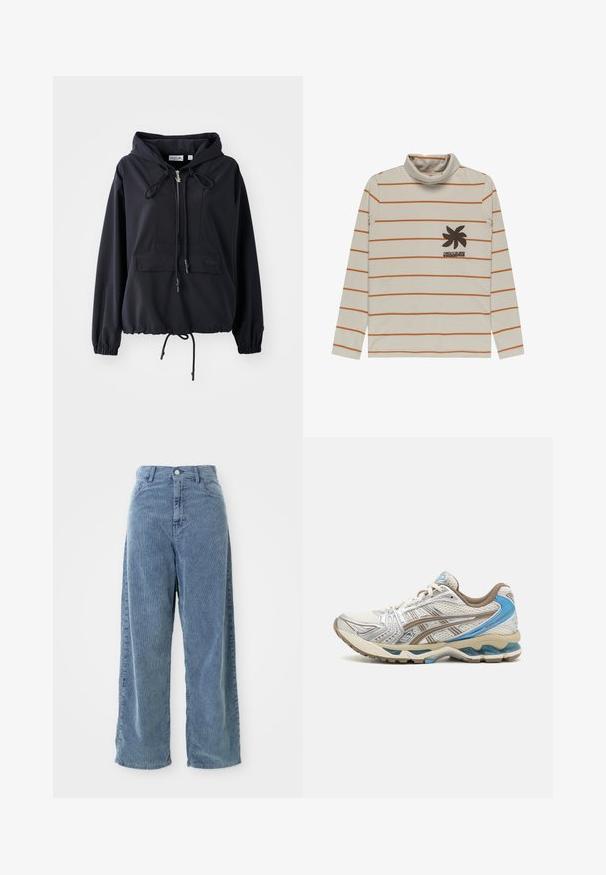 Sudadera ligera negra con un bolsillo frontal tipo canguro, cordones ajustables en la capucha y el dobladillo, y puños elásticos. Presenta el logo de Lacoste.; Top de cuello alto de manga larga color crema con rayas horizontales naranjas y un gráfico de palmera en marrón oscuro en el lado izquierdo del pecho. Tela suave.; Pantalones de pana azul de pierna ancha con textura de ribetes verticales, que cuentan con un cierre de botón en la parte delantera y lazos para cinturón, además de una silueta relajada.; Zapatilla de running blanca y beige con detalles azules, parte superior de malla, suela acolchada y diseño con cordones, mostrada desde el lado exterior.