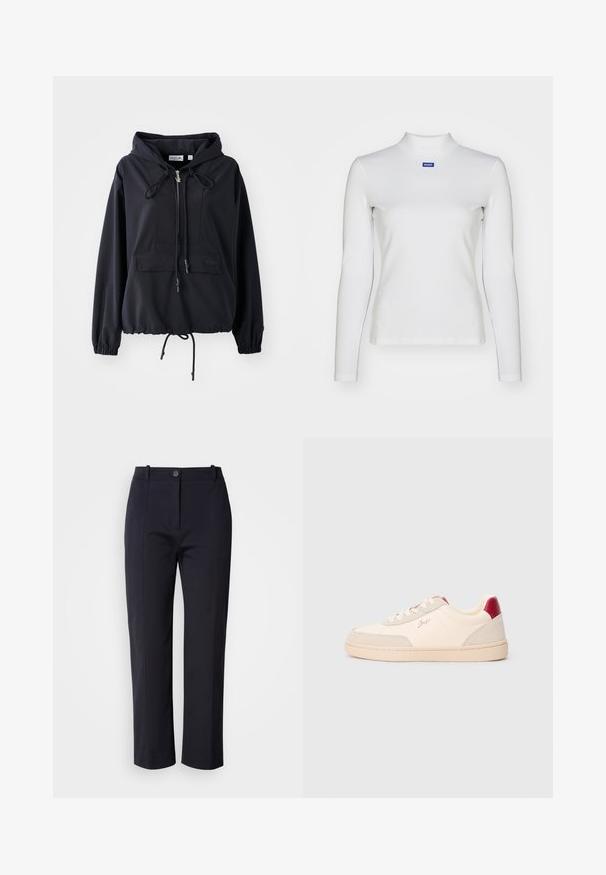 Sort letvægts hættejakke med en frontlomme, justerbare snore i hætten og forneden, samt elastiske ærmer. Har Lacoste branding.; Hvid langærmet turtleneck-top lavet af strækstof, med en tætsiddende design og et lille blåt logo på brystet.; Marineblå bukser med lige ben, fremstillet af et glat stof. Har forlommer og knaplukning i taljen.; Hvide og beige sneakers med glat læderoverdel, ruskindsdetaljer, lyserøde snørebånd og rød hælflig. Diskret logo på siden.