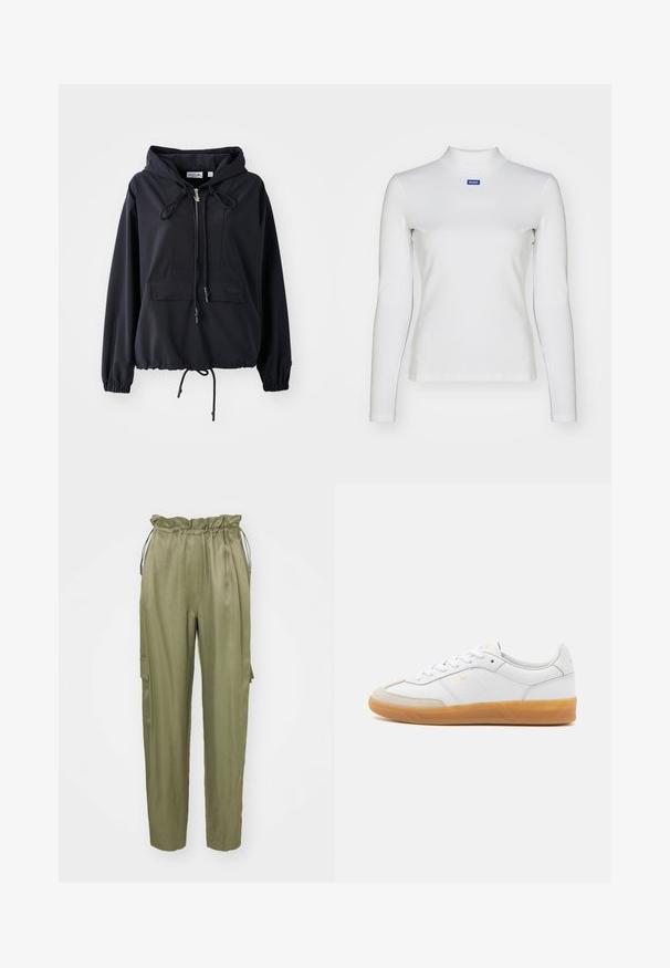 Schwarze leichte Kapuzenjacke mit einer vorderen Taschen, verstellbaren Kordeln an der Kapuze und am Saum sowie elastischen Bündchen. Mit Lacoste-Logo.; Weißes langärmliges Rollkragenshirt aus dehnbarem Material mit taillierter Passform und kleinem blauen Logo auf der Brust.; Olivgrüne Cargo-Hosen mit einem elastischen Kordelzugbund, tapered Beinen und einer seitlichen aufgesetzten Tasche. Glattes Material mit matter Oberfläche.; Weiße Ledersneaker mit beigen Wildlederakzenten, Gummi-Rahmen und Schnürdesign. Verfügt über dezente Markenkennzeichnung in Gold.
