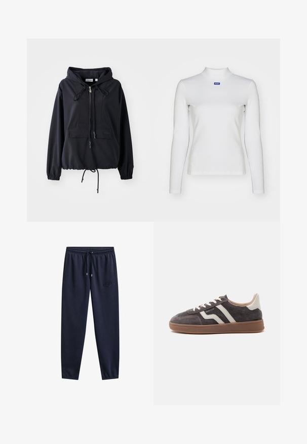 Sort letvægts hættejakke med en frontlomme, justerbare snore i hætten og forneden, samt elastiske ærmer. Har Lacoste branding.; Hvid langærmet turtleneck-top lavet af strækstof, med en tætsiddende design og et lille blåt logo på brystet.; Navyblå joggingbukser med elastisk talje, snøre, sidelommer, smalle ben og subtilt broderet logo på højre lår.; Enkel mørkegrå sneaker med hvide læderdetaljer, teksturerede sider, hvide snørebånd og en brun gummisål, vist fra siden på en ensfarvet baggrund.
