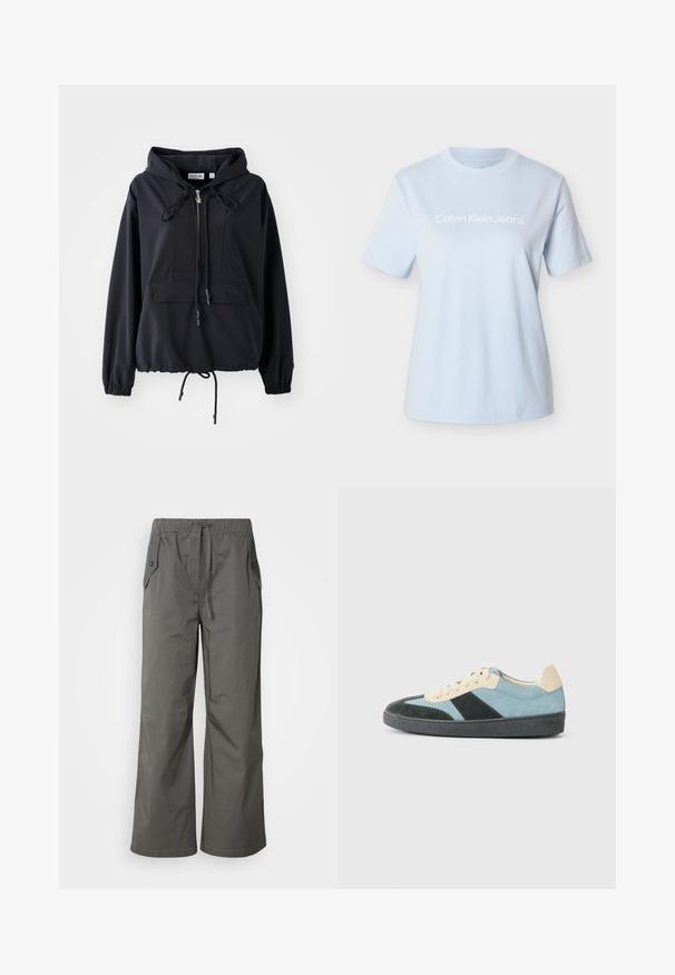 Sort letvægts hættejakke med en frontlomme, justerbare snore i hætten og forneden, samt elastiske ærmer. Har Lacoste branding.; Lyseblå bomulds-T-shirt med korte ærmer og rund halsudskæring, med "Calvin Klein Jeans"-logoet tydeligt fremhævet i hvid.; Grå vide benbukser lavet af letvægtsstof, der har elastisk talje, snor og to sidelommer med knap-accenter.; Lavtop sneakers i lyseblå, mørkegrøn og beige ruskind med sort sål og beige snørebånd, vist fra ydersiden.