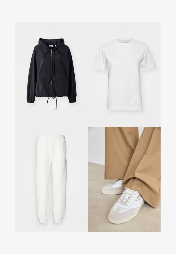 Sort letvægts hættejakke med en frontlomme, justerbare snore i hætten og forneden, samt elastiske ærmer. Har Lacoste branding.; Hvid bomulds t-shirt med korte ærmer, rund hals og et tekstureret "LACOSTE" logo på fronten. Glat stof med en regular fit.; Hvide sweatpants lavet af blød, strikket stof. Elastisk talje og manchetter giver en afslappet pasform. Minimalistisk design, ingen synlige mønstre eller accenter.; Hvide sneakers med ruskinddetaljer, strukturerede snørebånd og gummisål. Kombineret med løse, brune bukser. Logoet er vist på siden.