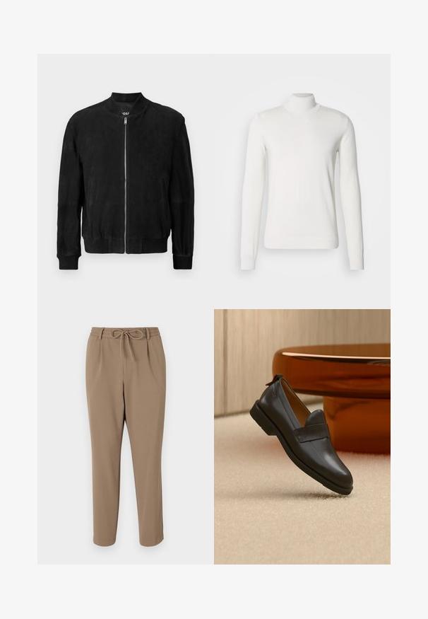 Sort ruskinds bomberjakke med lynlås foran, ribbet krave og manchetter, to sidelommer og en glat tekstur. Enkel og minimalistisk design.; Hvid turtleneck sweater lavet af ribstrikket stof. Har lange ærmer, et tætsiddende design og en glat tekstur.; Beige tapered bukser med snor i taljen, sidelommer og en glat tekstur. Ingen synlige mønstre eller yderligere accenter.; Sort læderloafer med lav hæl svævende over beige tæppe ved siden af et blankt ravfarvet bord i et minimalistisk rum.