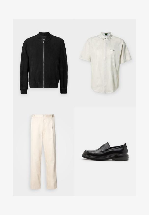 Chaqueta bomber de ante negra con cremallera en la parte delantera, cuello y puños acanalados, dos bolsillos laterales y una textura suave. Diseño simple y minimalista.; Camisa de manga corta con cuello, rayas beige, cierre de botones y logo "BOSS" bordado en el pecho izquierdo.; Pantalones de algodón beige con corte recto, que cuentan con un cierre de botón y pliegues en la parte frontal para un detalle adicional.; Calvin Klein MOCCASIN - Mocasines elegantes - black