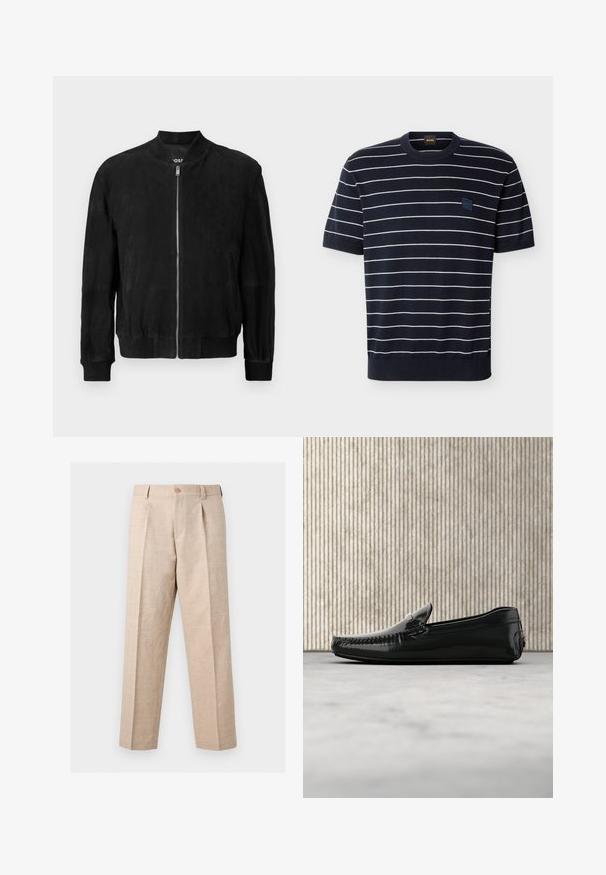 Chaqueta bomber de ante negra con cremallera en la parte delantera, cuello y puños acanalados, dos bolsillos laterales y una textura suave. Diseño simple y minimalista.; Camiseta de punto azul marino de manga corta con rayas horizontales blancas y un pequeño parche cuadrado con el logo BOSS en el pecho izquierdo.; Pantalones beige de pierna recta con pliegues, cierre de botón, trabillas para cinturón y un corte entallado.; Mocasines de cuero negro con un acabado brillante, punta redonda y herrajes decorativos en la parte delantera. Suela de goma de bajo perfil. Textura suave.