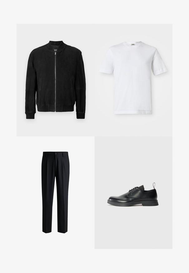 Schwarze Wildleder-Bomberjacke mit einem Reißverschluss vorne, geripptem Kragen und Bündchen, zwei seitlichen Taschen und einer glatten Textur. Einfaches und minimalistisches Design.; Weißes Baumwoll-T-Shirt mit kurzen Ärmeln, Rundhalsausschnitt und glatter Textur. Keine Muster oder Akzente sind sichtbar.; Schwarze Hose aus glattem Stoff, mit geradem Bein-Design, Falten vorne und einem Knopfverschluss mit Gürtelschlaufen.; Schwarze Leder-Schnürschuhe mit glatter Oberfläche, abgerundeter Zehenpartie und minimalistischer Gestaltung. Verfügt über eine subtile kontrastierende Schlaufe und Gummisohle.