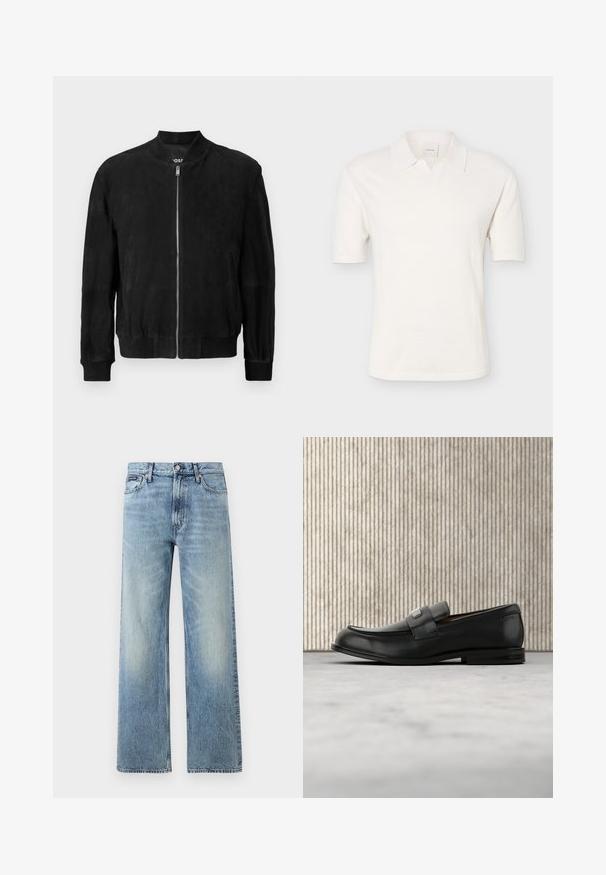 Veste bomber en daim noir avec une fermeture éclair à l'avant, col et poignets côtelés, deux poches latérales et une texture lisse. Design simple et minimaliste.; Polo blanc à manches courtes avec une texture en maille et un col ouvert, présenté sur un fond gris clair uni.; Jean droit en denim bleu clair avec taille haute, cinq poches, fermeture à boutons et léger délavage sur les cuisses et les genoux.; Mocassin en cuir noir avec une plaque de marque en métal reposant près d'une table ronde marron sur un sol recouvert de moquette beige.