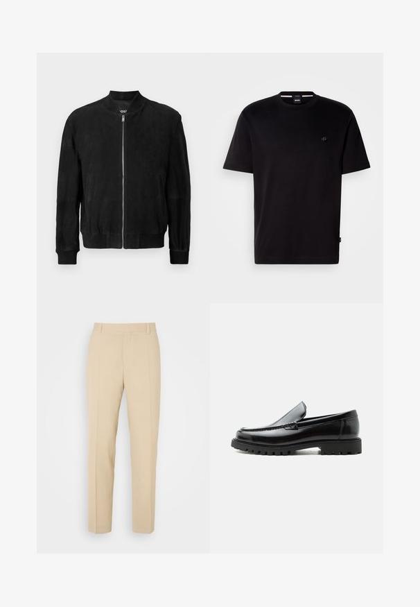 Schwarze Wildleder-Bomberjacke mit einem Reißverschluss vorne, geripptem Kragen und Bündchen, zwei seitlichen Taschen und einer glatten Textur. Einfaches und minimalistisches Design.; Schwarzes Baumwoll-T-Shirt mit Rundhalsausschnitt, kurzen Ärmeln und kleinem Logo auf der linken Seite. Einfaches Design und glatte Textur.; Beige maßgeschneiderte Hosen mit geradem Bein, aus leichtem Stoff, mit zwei vorderen Taschen und ordentlich gebügelten Falten.; Schwarzer Lederloafer mit grober Gummisohle, genähter Oberseite und geprägtem Markennamen an der Ferse, seitlich auf weißem Hintergrund gezeigt.