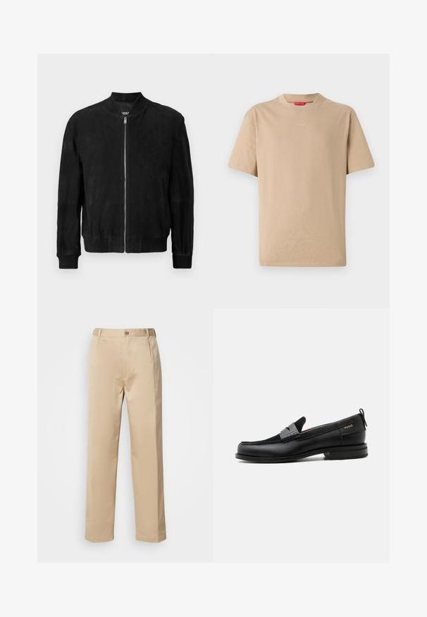 Chaqueta bomber de ante negra con cremallera en la parte delantera, cuello y puños acanalados, dos bolsillos laterales y una textura suave. Diseño simple y minimalista.; Camiseta de algodón beige con mangas cortas, escote redondo y sutil logo "HUGO" en el centro. Textura suave, corte relajado.; Pantalones beige hechos de una tela ligera, con un diseño de pierna recta, cinturilla con trabillas y un solo botón en la parte frontal.; Mocasín de cuero negro con detalle de tira gris, tacón bajo y suela texturizada, con la marca "HUGO" en oro en el lateral.