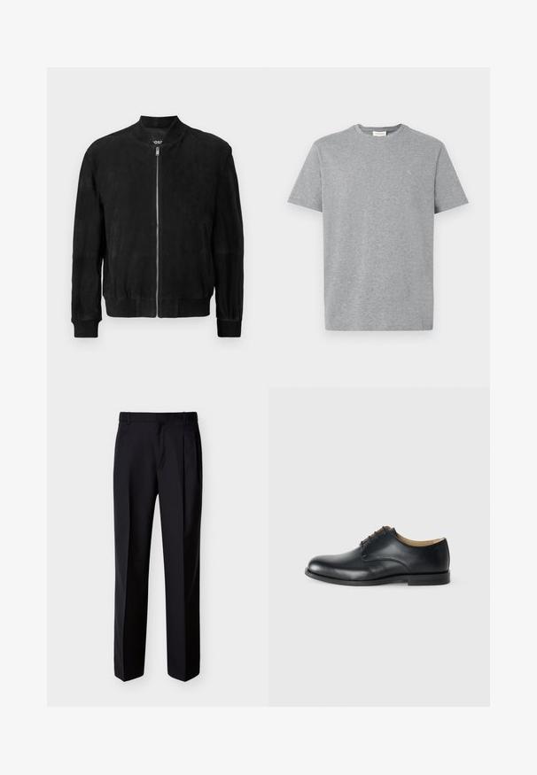 Schwarze Wildleder-Bomberjacke mit einem Reißverschluss vorne, geripptem Kragen und Bündchen, zwei seitlichen Taschen und einer glatten Textur. Einfaches und minimalistisches Design.; Graues Baumwoll-T-Shirt mit Rundhalsausschnitt, kurzen Ärmeln und kleinem Logo auf der linken Brust. Einfaches, klassisches Design und Textur.; Schwarze, maßgeschneiderte Hose mit geradem Schnitt, Falten vorne und seitlichen Taschen. Hergestellt aus einem glatten, leichten Stoff mit einfarbigem Muster.; Calvin Klein ESS DERBY - Schnürer - triple black