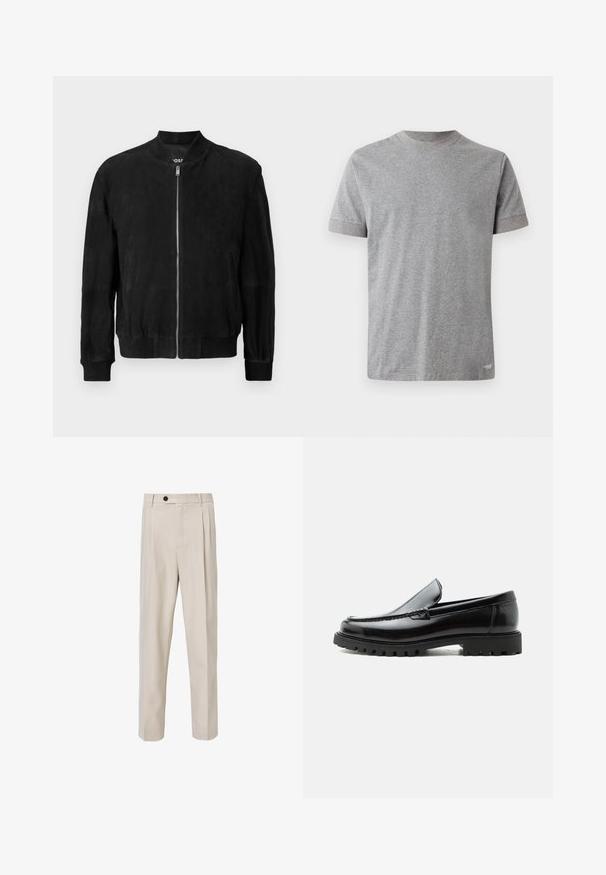 Sort ruskinds bomberjakke med lynlås foran, ribbet krave og manchetter, to sidelommer og en glat tekstur. Enkel og minimalistisk design.; Kortærmet grå t-shirt lavet af blødt bomuld. Har en rund halsudskæring med en kontrastfarvet kant og en lige kant forneden.; Beige skræddersyede bukser med lige ben-design, der har frontplisseringer, knaplukning og en glat tekstur.; Sort læderloafer med chunky gummisål, syet overdel og præget mærkenavn på hælen, vist i sideprofil på hvid baggrund.