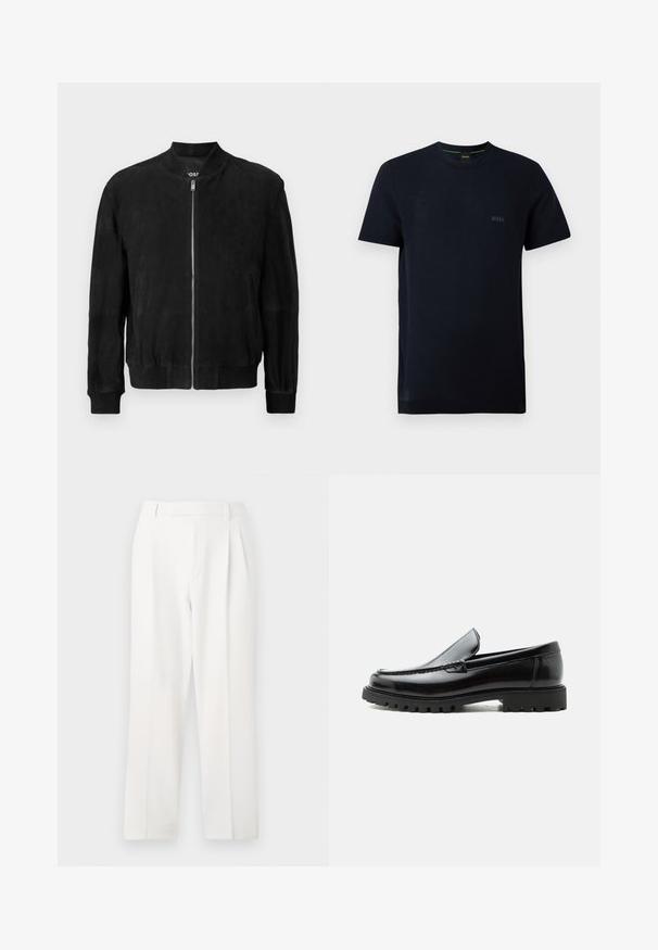 Chaqueta bomber de ante negra con cremallera en la parte delantera, cuello y puños acanalados, dos bolsillos laterales y una textura suave. Diseño simple y minimalista.; Camiseta negra de manga corta con cuello redondo, textura sutil y pequeño logo "BOSS" en el pecho izquierdo.; Pantalones blancos a medida con un diseño de pierna recta, que presentan pliegues, un frente plano y una textura de tela suave. Sin bolsillos o adornos visibles.; Mocasín de cuero negro con suela de goma gruesa, empeine cosido y nombre de la marca en relieve en el talón, mostrado en perfil lateral sobre fondo blanco.