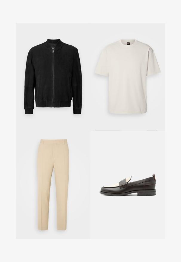 Veste bomber en daim noir avec une fermeture éclair à l'avant, col et poignets côtelés, deux poches latérales et une texture lisse. Design simple et minimaliste.; T-shirt à manches courtes et col rond en coton blanc cassé, présentant une coupe droite et un marquage minimal sur le col. Texture douce, sans motifs.; Pantalons beige ajustés avec une coupe droite, fabriqués en tissu léger, dotés de deux poches avant et de plis bien repassés.; Mocassin homme en cuir marron foncé avec panneau en tissu écru et détail classique de bride cousue, semelle plate et languette au talon.