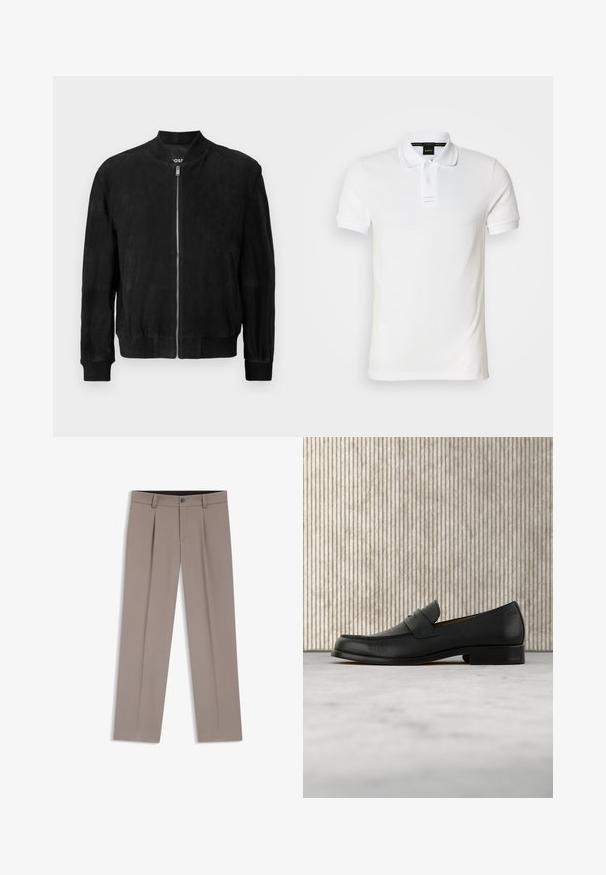 Chaqueta bomber de ante negra con cremallera en la parte delantera, cuello y puños acanalados, dos bolsillos laterales y una textura suave. Diseño simple y minimalista.; Camiseta tipo polo blanca de algodón, con cuello, mangas cortas y tapeta con dos botones. Detalle sutil del logotipo en el pecho.; Pantalones de hombre a medida de color marrón claro con trabillas para cinturón, pliegues, botón frontal y cremallera, colocados planos sobre un fondo blanco.; Zapato mocasín de cuero negro flotando sobre una alfombra beige con una mesa redonda marrón brillante al fondo.