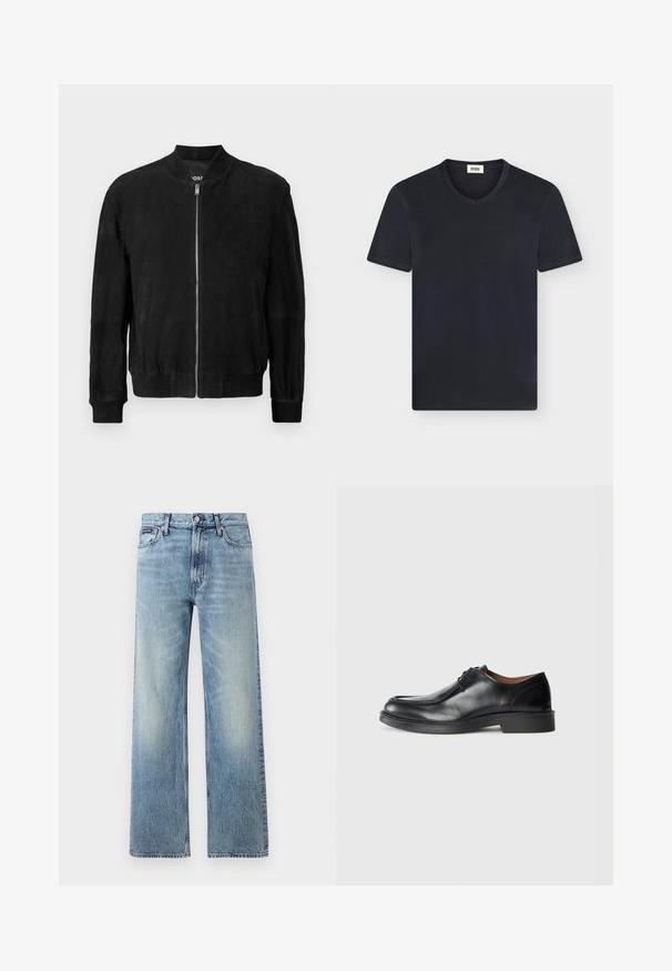 Chaqueta bomber de ante negra con cremallera en la parte delantera, cuello y puños acanalados, dos bolsillos laterales y una textura suave. Diseño simple y minimalista.; Camiseta negra de manga corta con cuello en V y etiqueta blanca en el interior del cuello sobre un fondo claro.; Vaqueros de mezclilla azul claro de corte recto con cintura alta, cinco bolsillos, cierre de botón y sutil desgaste en los muslos y las rodillas.; Zapato de vestir de cuero negro con punta redonda, superficie lisa, detalles de cordones y suela de goma texturizada baja. Líneas limpias y diseño minimalista.