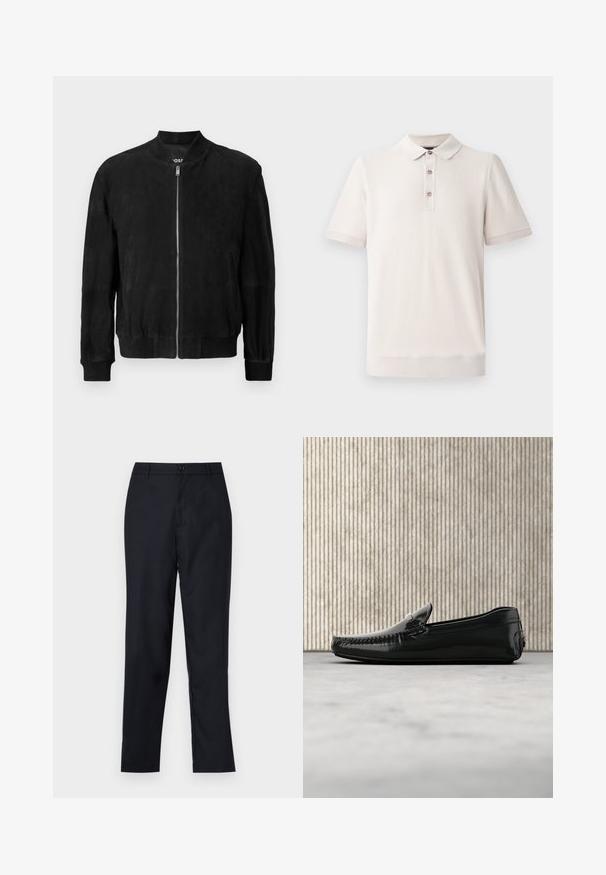 Sort ruskinds bomberjakke med lynlås foran, ribbet krave og manchetter, to sidelommer og en glat tekstur. Enkel og minimalistisk design.; Kortærmet polo-shirt i lys beige, tekstureret materiale med krave og tre knaplukninger; ribbede detaljer ved ærmer og kant.; Marineblå bukser lavet af glat stof, med lige ben design, en enkelt knaplukning og subtile forfald i fronten.; Sorte læder loafers med en blank overflade, rund tå og dekorativt hardware foran. Lavprofil gummisål. Glat tekstur.